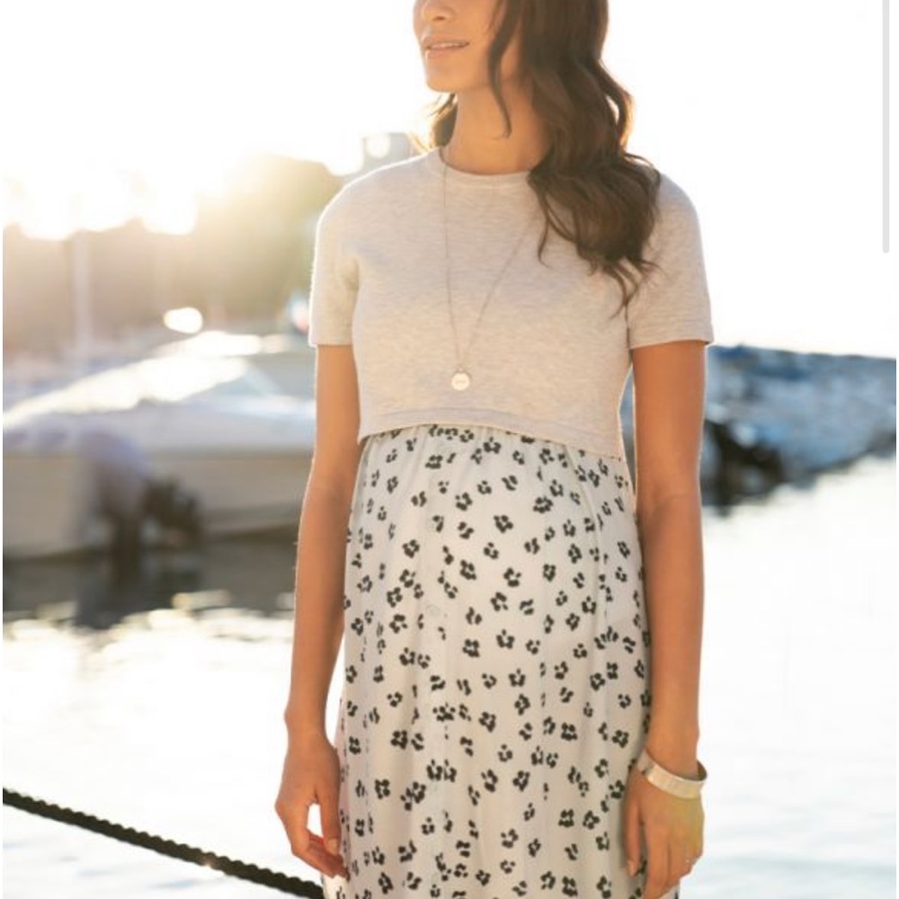 Grey maternity and nursing dress with cotton blend top